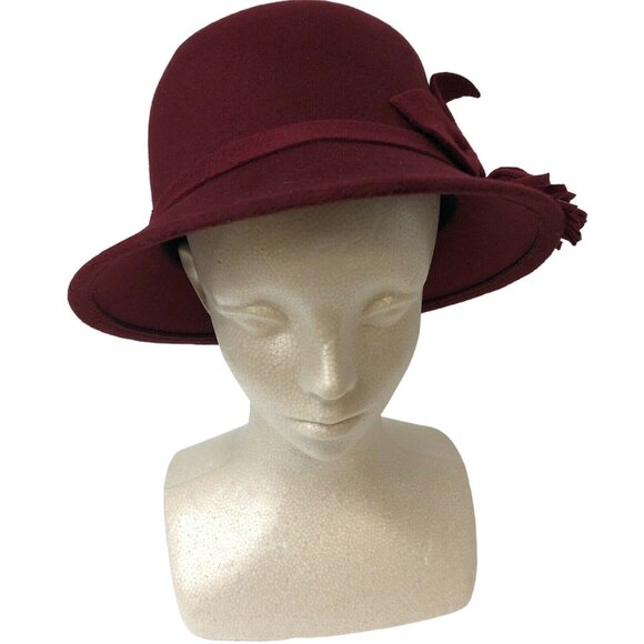 Women Lady Fedroas Hat Burgundy Fashion Dome Cap Flower 100 % Polyester 57CM - Picture 1 of 6